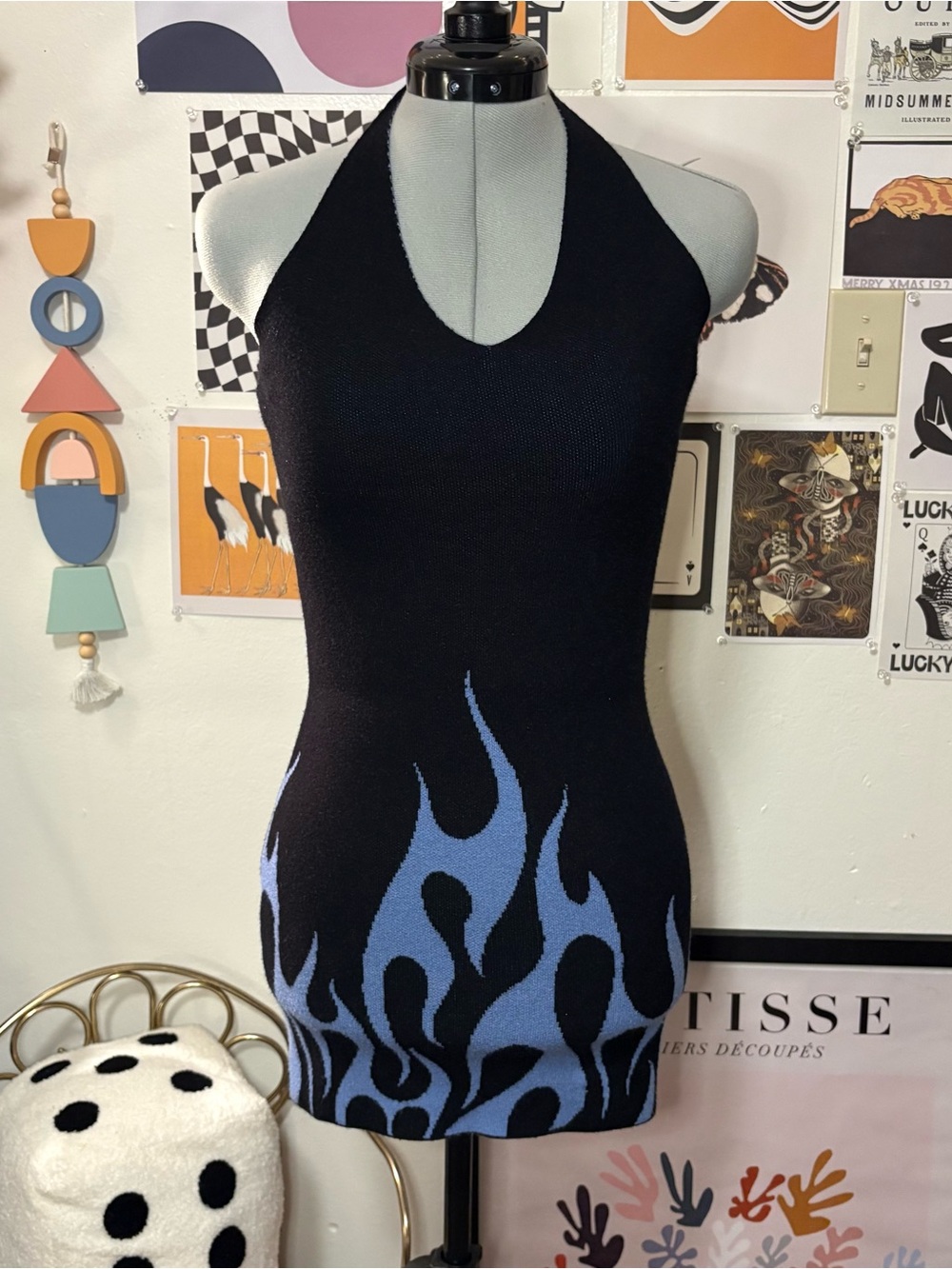 Forever 21 Black & Blue Flame Halter Y2K Mini Dress Size Small